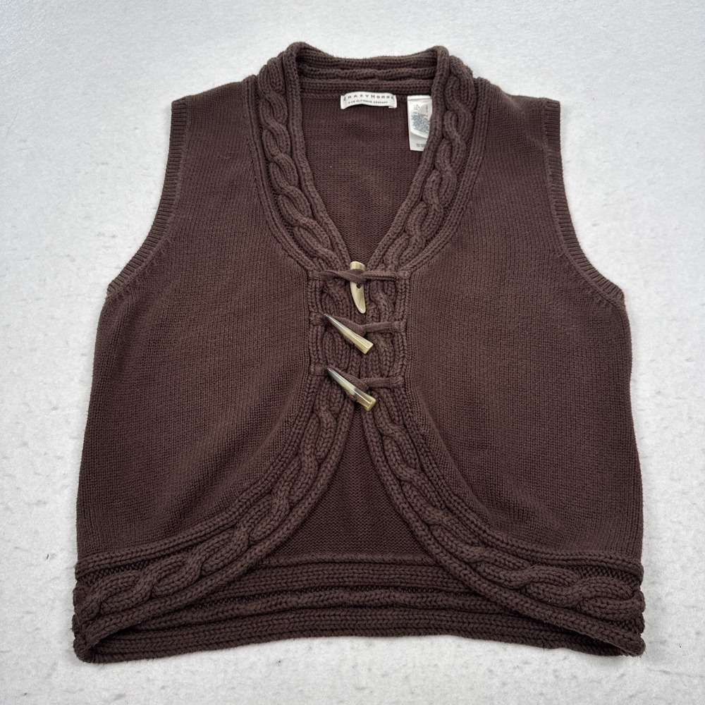 VTG Crazy Horse Liz Claiborne Cardigan Sweater Vest Women's Large Brown Cotton
